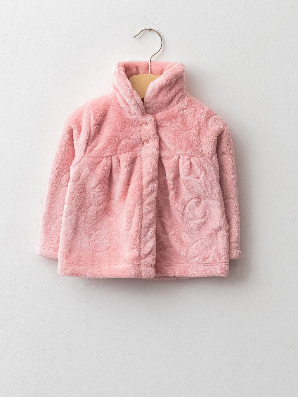 Pembe Bebe Yaka Uzun Kollu Desenli Kız Bebek Pelüş Mont-1