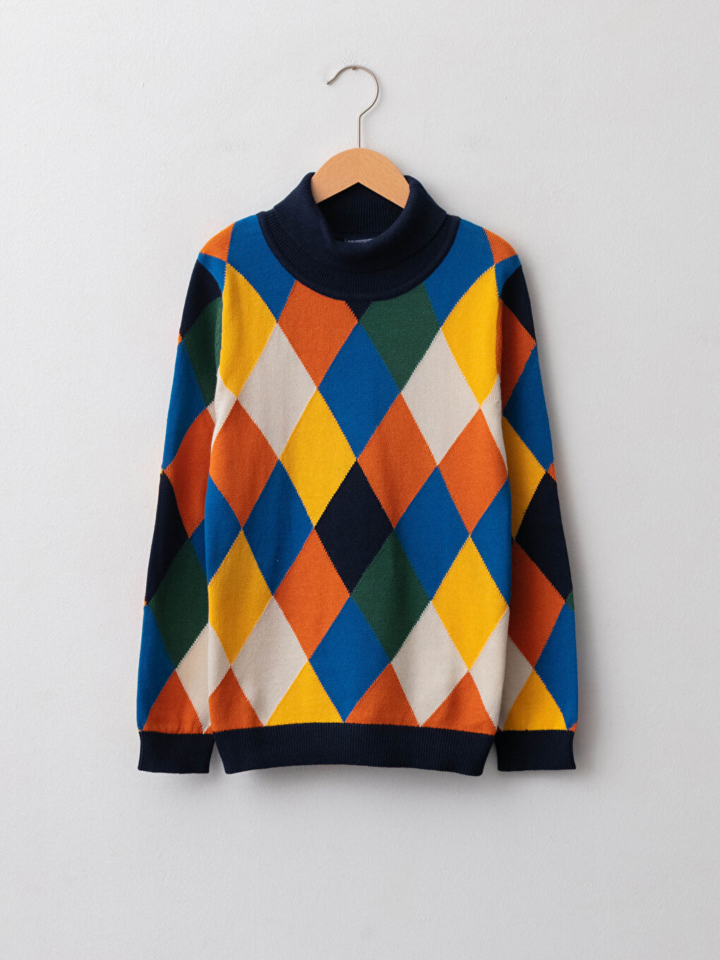 Биік жағалы түрлі-түсті торлы принтті ұзын жеңді жұқа трикотаж жемпір