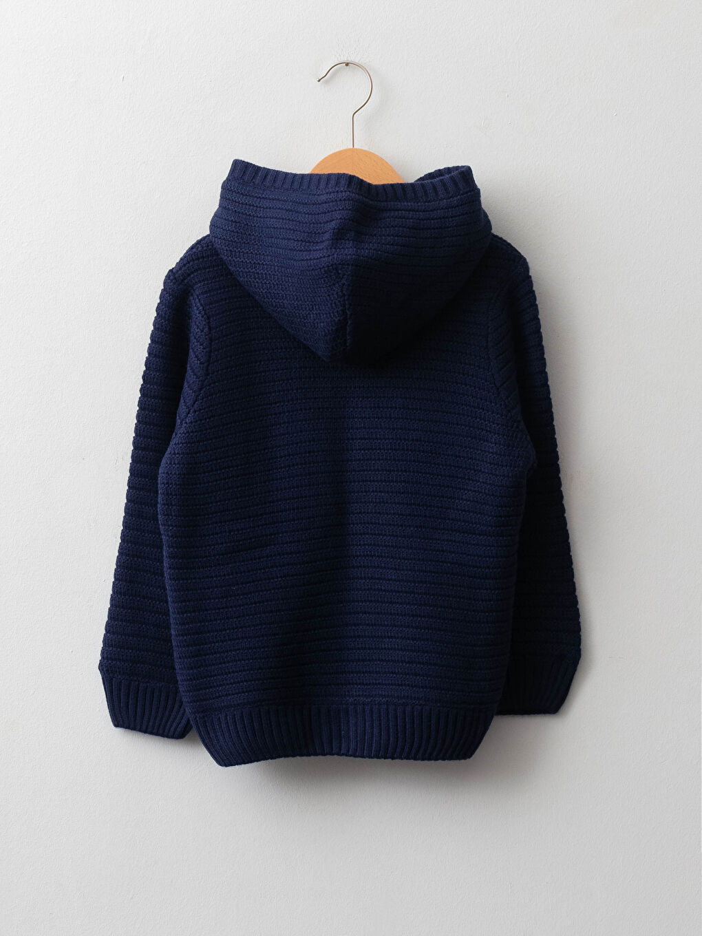 Lacivert Kapüşonlu Kendinden Desenli Uzun Kollu Erkek Çocuk Kalın Triko Hırka-1