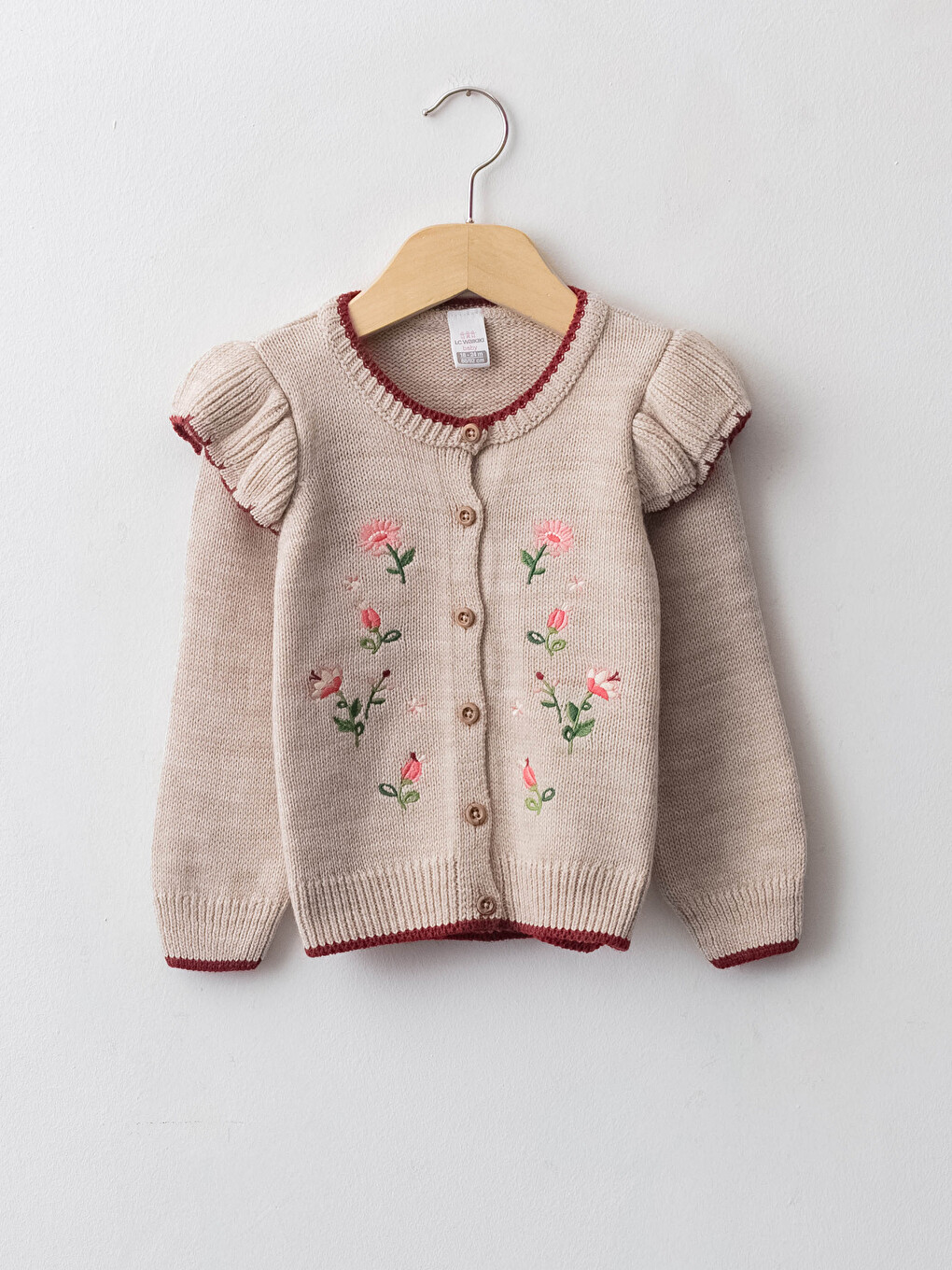Crew Neck Long Sleeve Embroidery Detailed Baby Girl Knitwear Cardigan