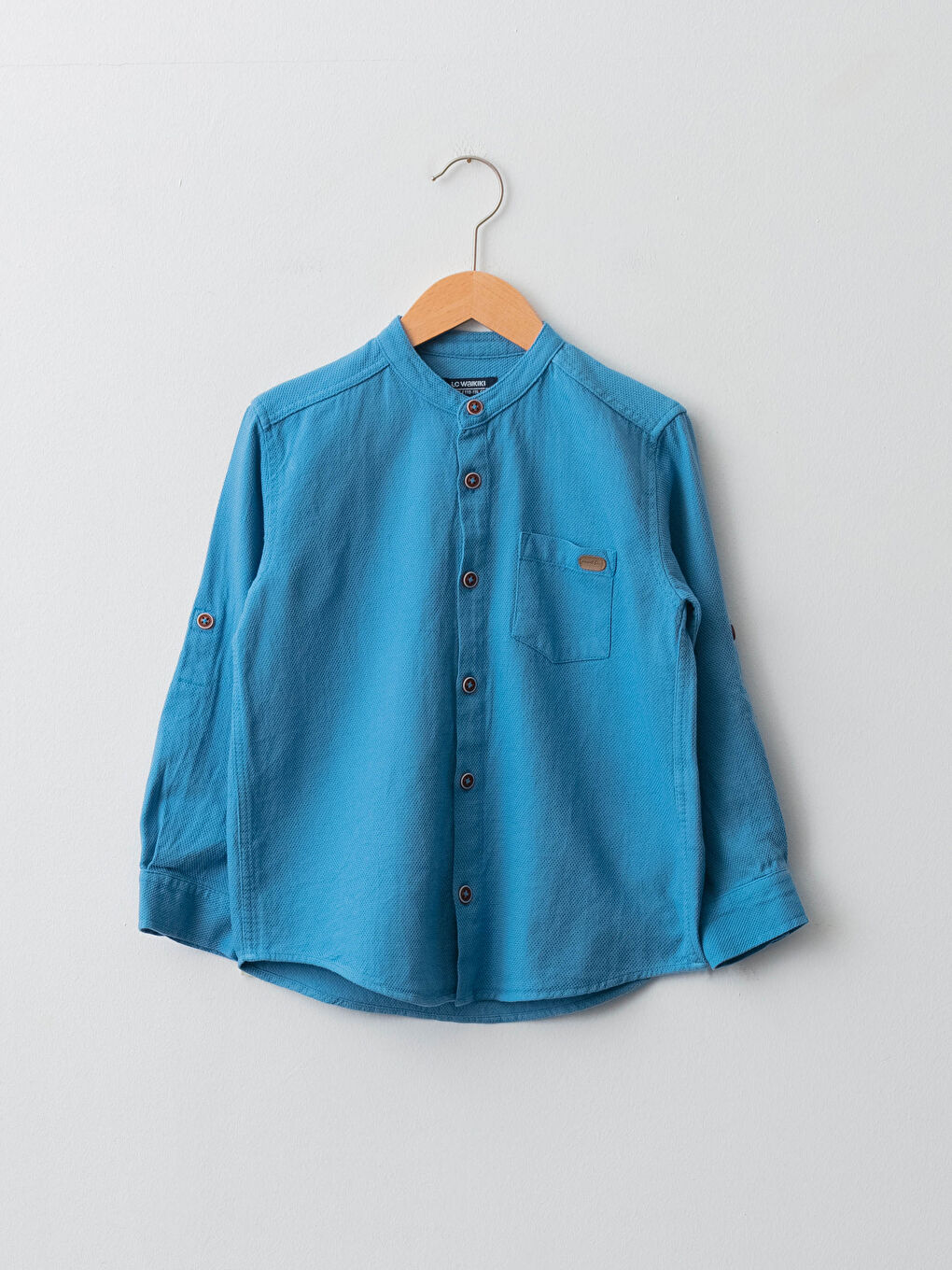 Рубашка для мальчика с воротником-стойкой и длинным рукавом из ткани добби