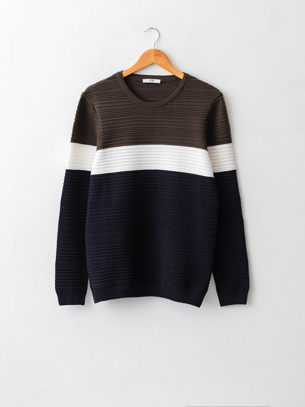 Haki Bisiklet Yaka Uzun Kollu Renk Bloklu Erkek Triko Kazak