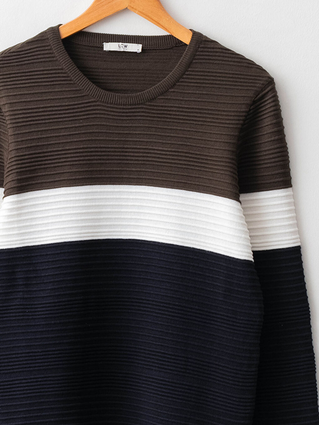 Haki Bisiklet Yaka Uzun Kollu Renk Bloklu Erkek Triko Kazak-2