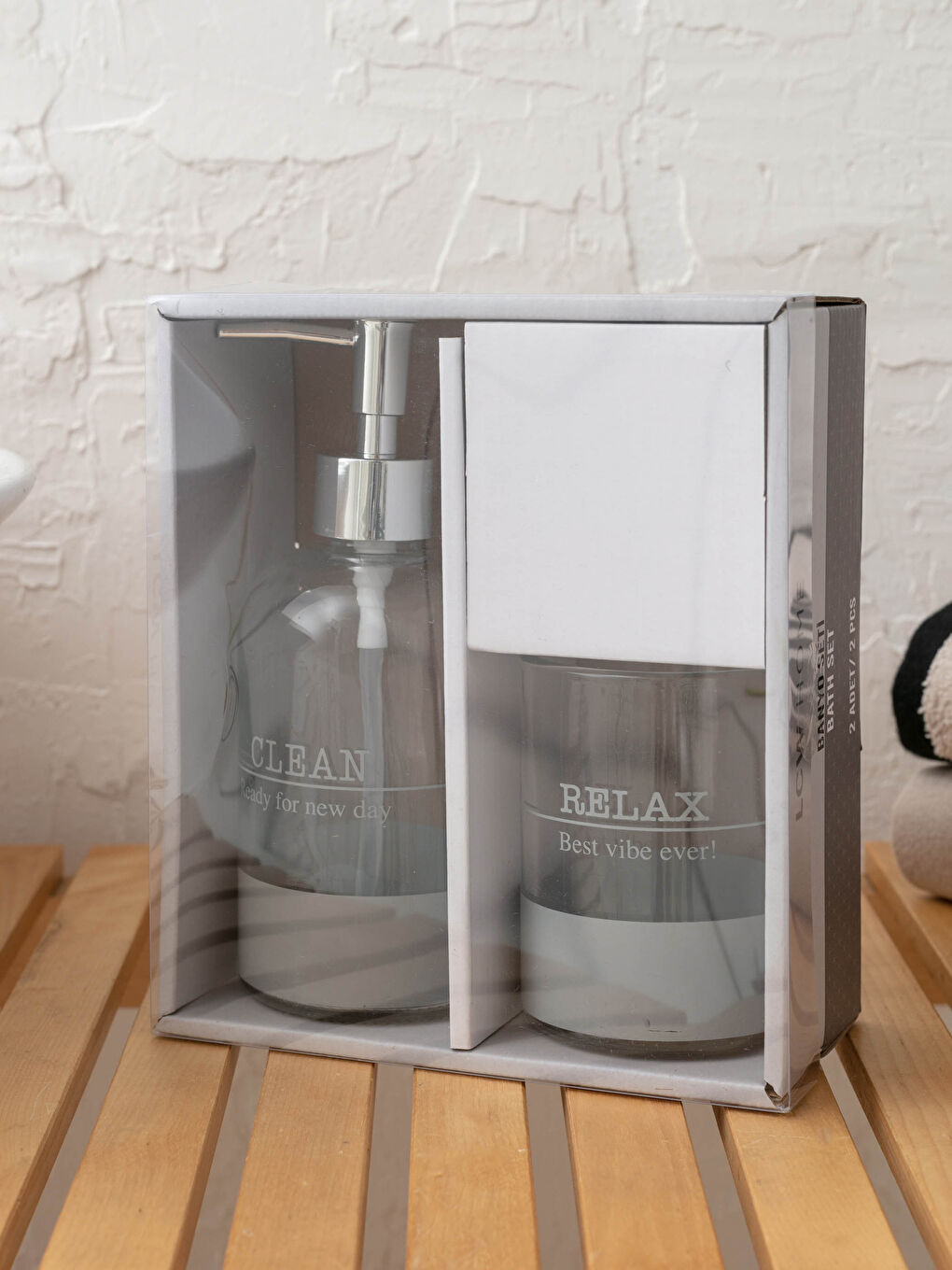 LCW HOME Slogan Bedrucktes Glas Badezimmer-Set, 2-teilig -W12281Z8-J5E