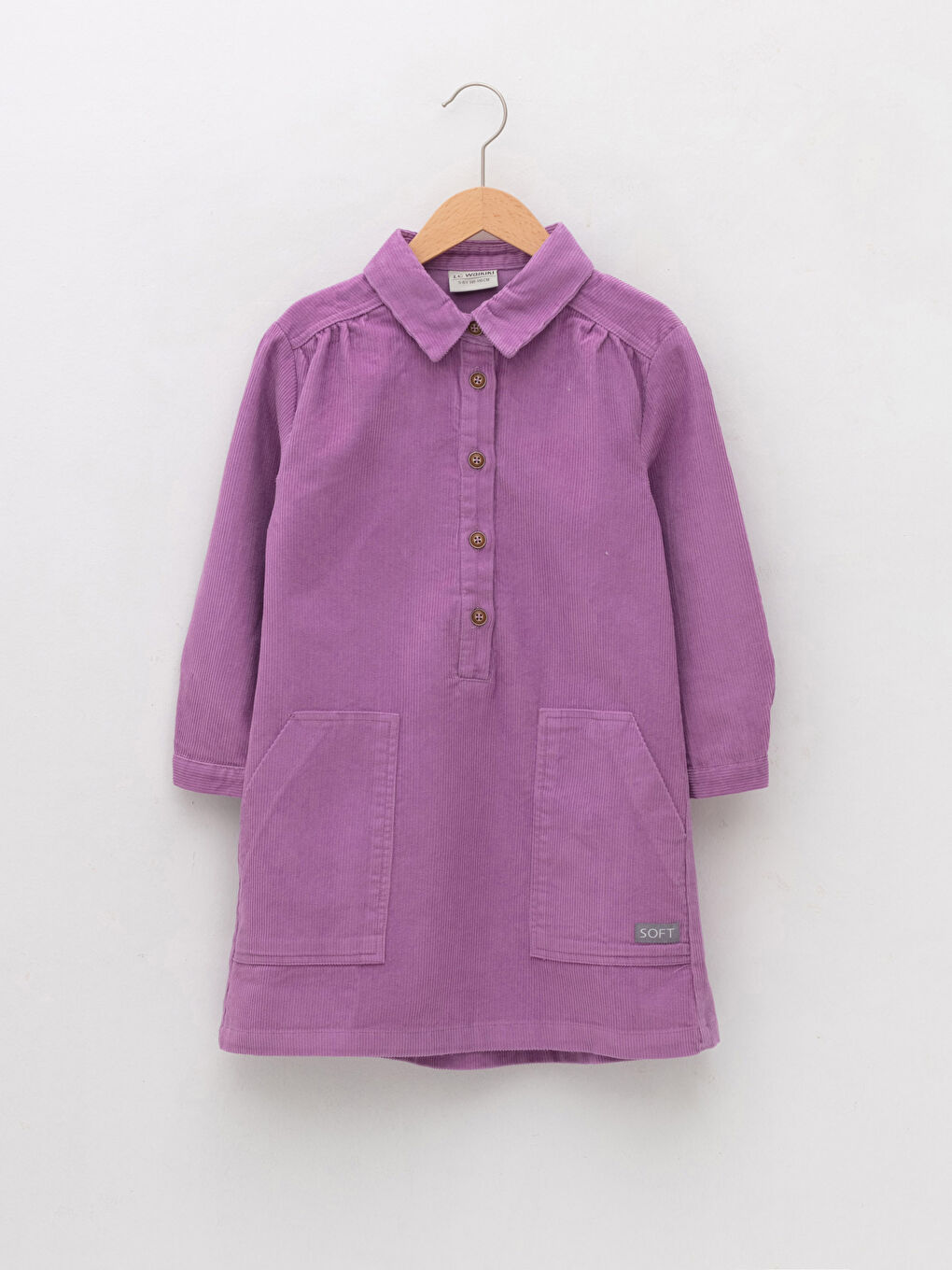 Robe de Fille en Velours à Col de Chemise Basique à Manches Longues