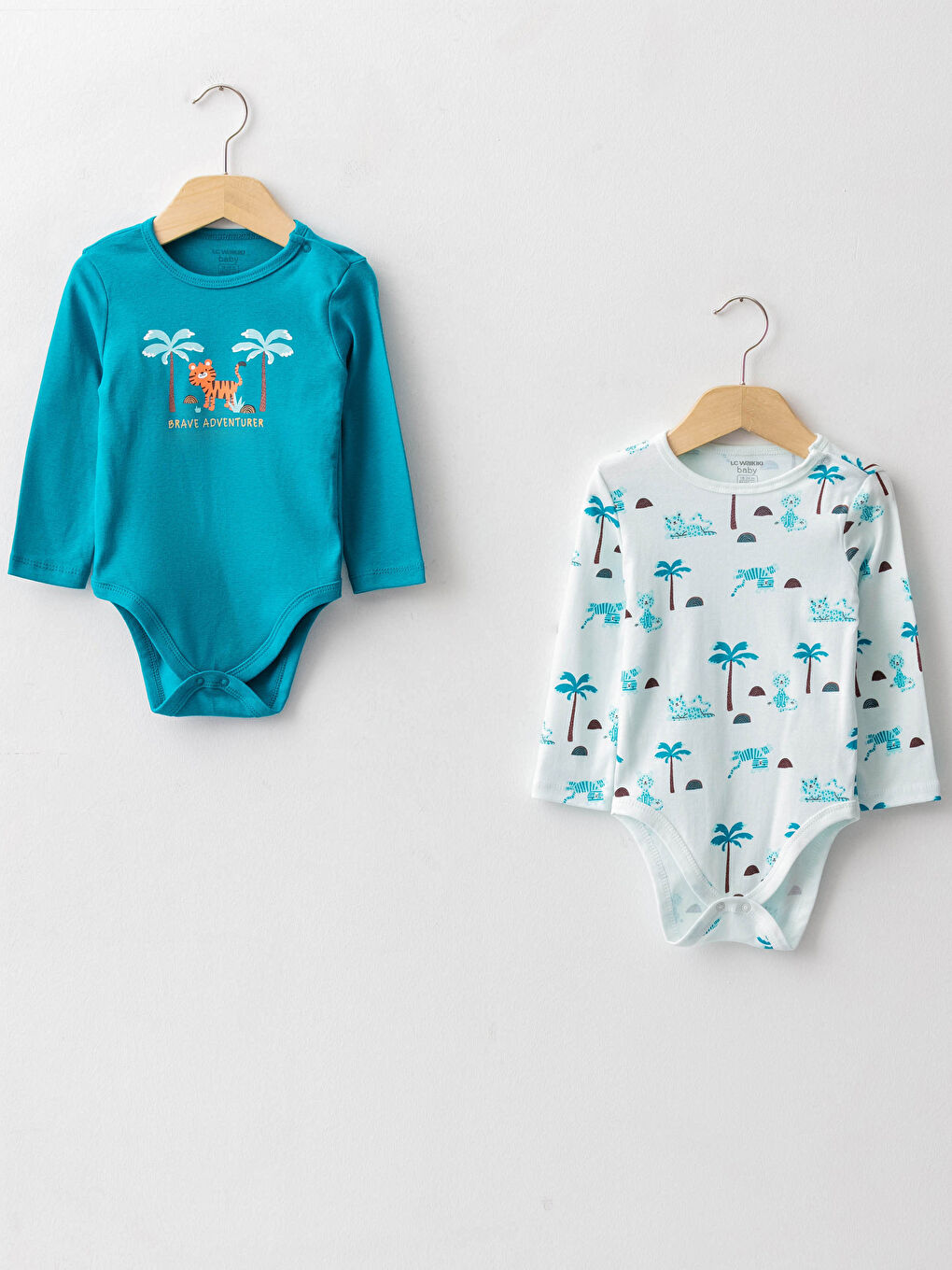 Turkuaz Bisiklet Yaka Uzun Kollu Baskılı Pamuklu Erkek Bebek Çıtçıtlı Body 2'li