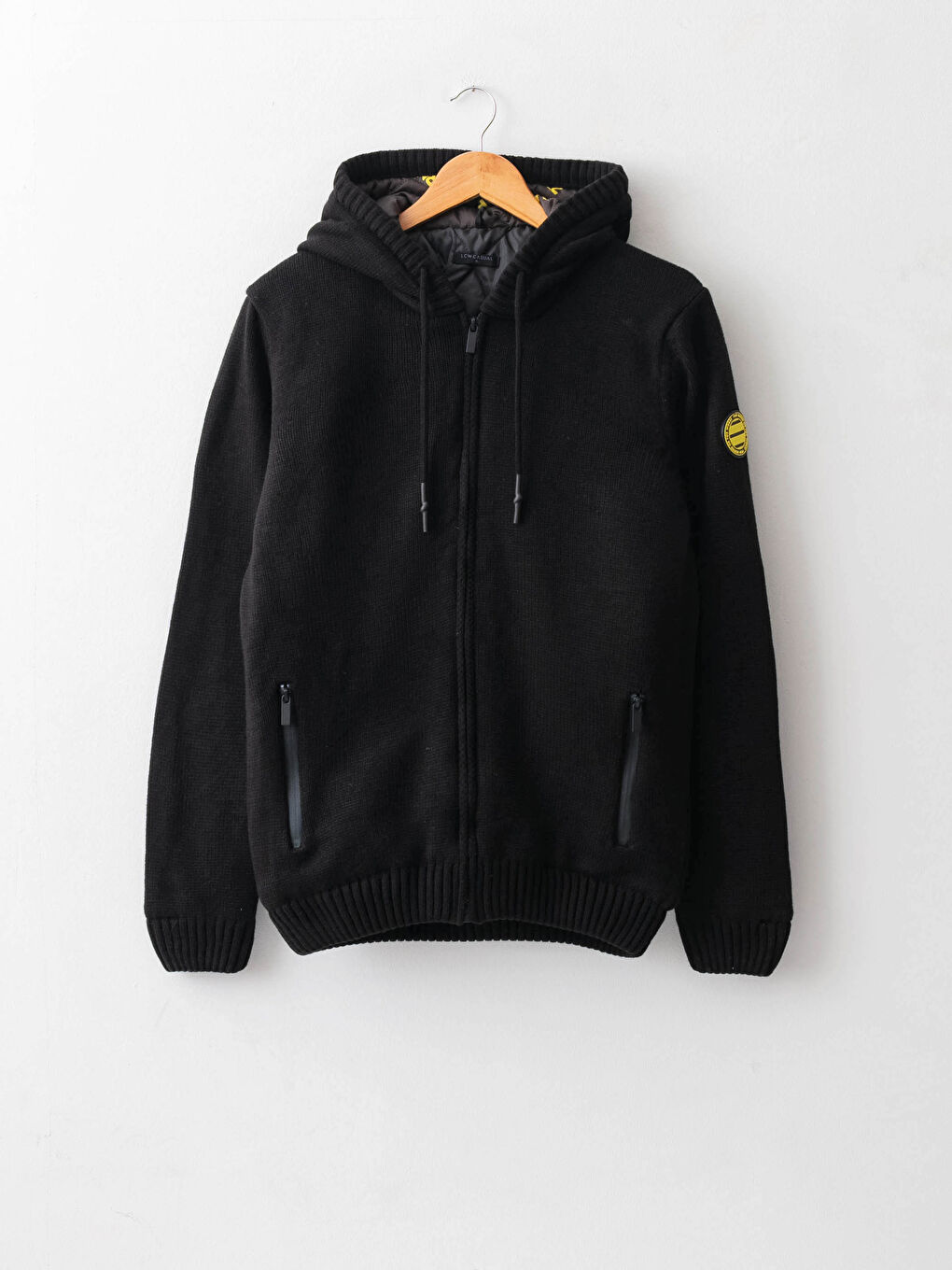 Siyah Dar Kalıp Kapüşonlu Uzun Kollu Erkek Triko Hırka-5