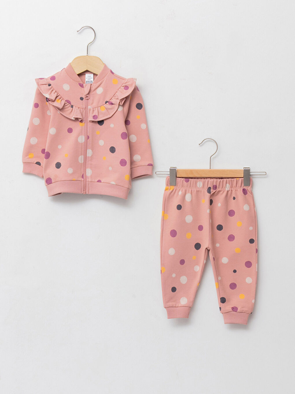 Pembe Bisiklet Yaka Uzun Kollu Baskılı Kız Bebek Fermuarlı Sweatshirt ve Pantolon 2'li Takım