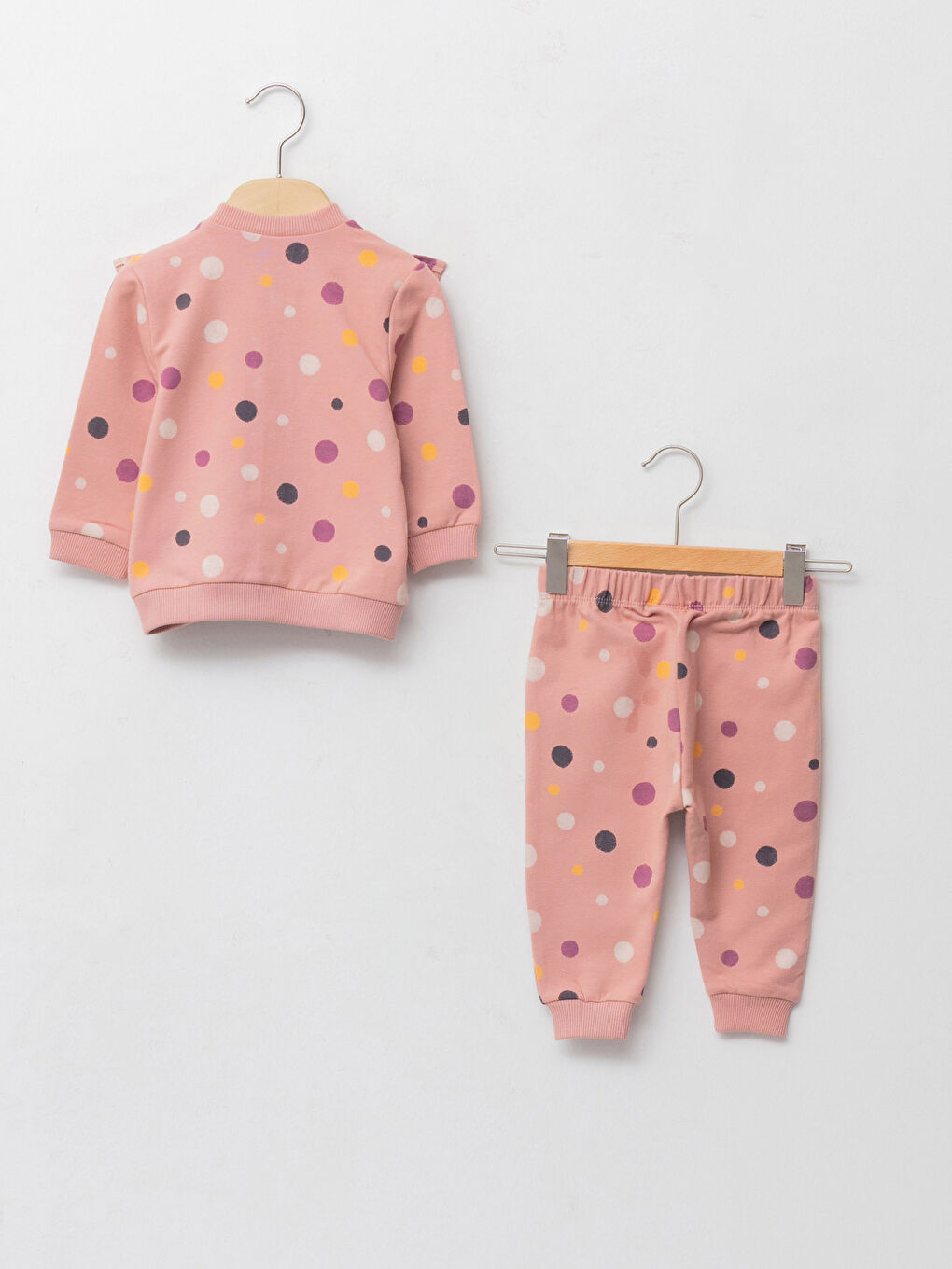 Pembe Bisiklet Yaka Uzun Kollu Baskılı Kız Bebek Fermuarlı Sweatshirt ve Pantolon 2'li Takım-1