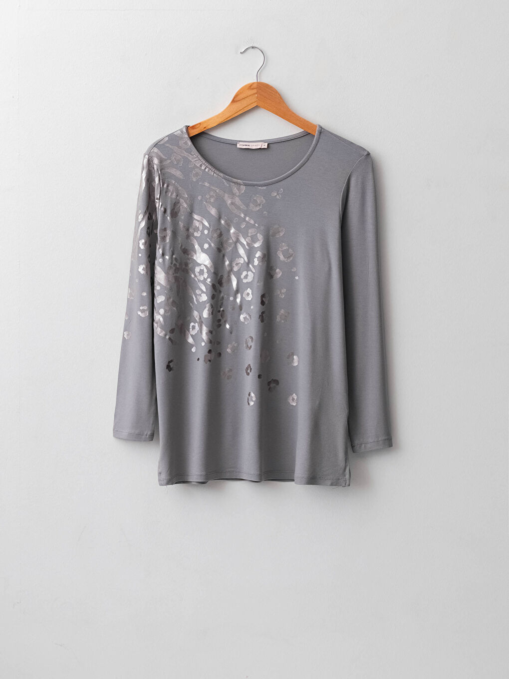 Crew Neck Shiny Printed Long Sleeve Viscose Women's T-Shirt-5