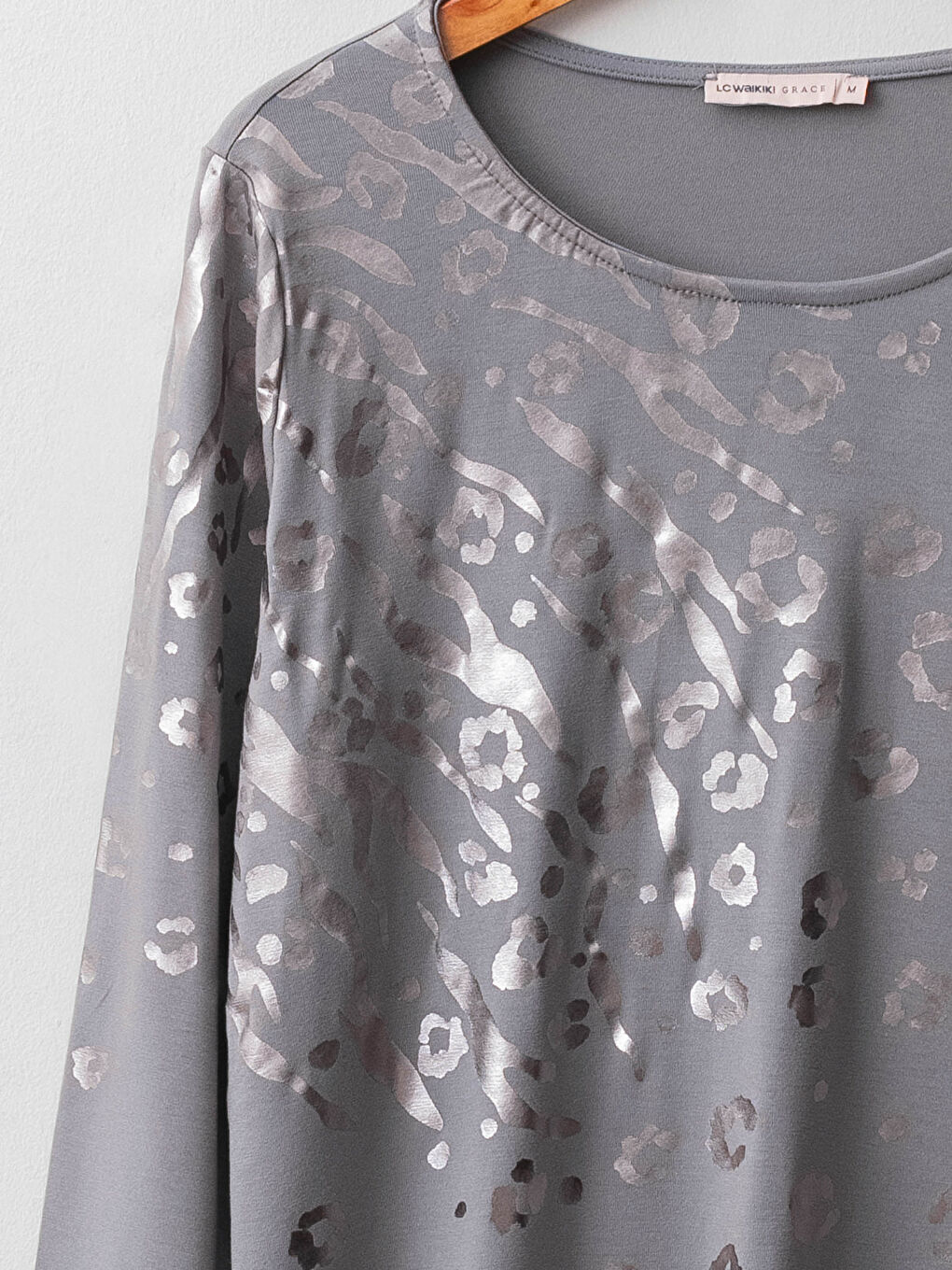 Crew Neck Shiny Printed Long Sleeve Viscose Women's T-Shirt-7