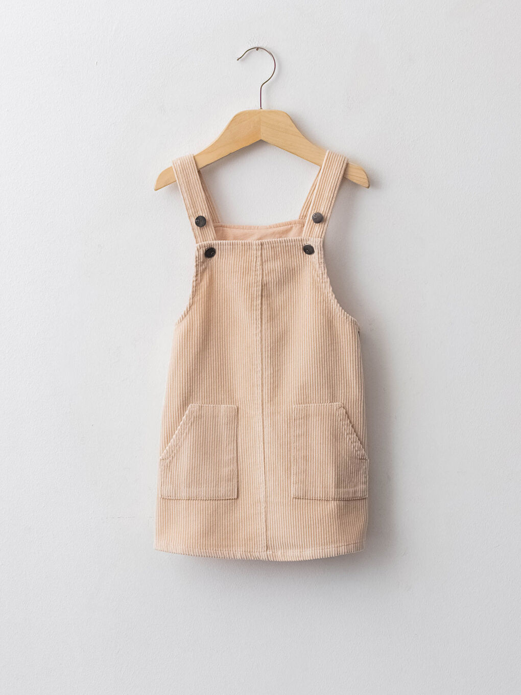 Ekru Kare Yaka Askılı Basic Kadife Kız Bebek Elbise-1