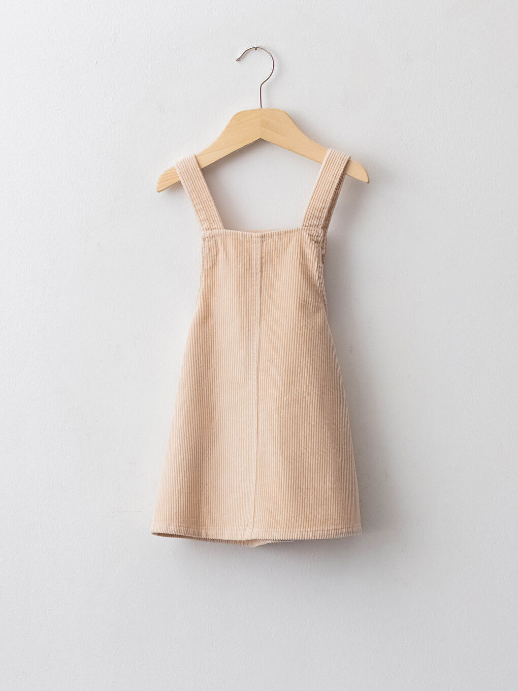 Ekru Kare Yaka Askılı Basic Kadife Kız Bebek Elbise-3