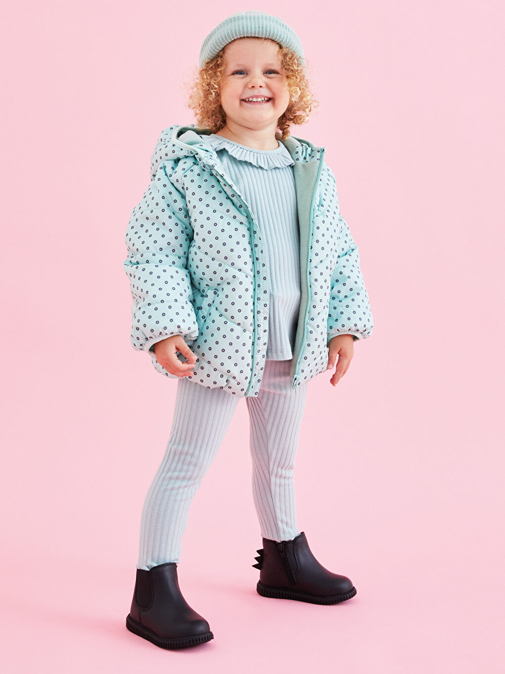 Mavi Bisiklet Yaka Uzun Kol Kendinden Desenli Kız Bebek Tişört-1