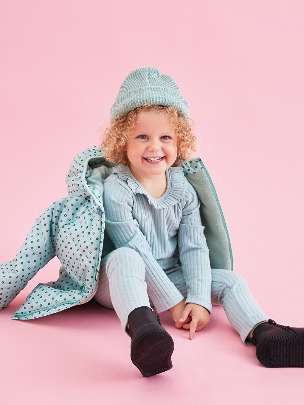 Mavi Bisiklet Yaka Uzun Kol Kendinden Desenli Kız Bebek Tişört-2