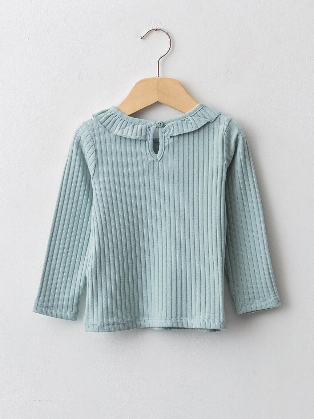 Mavi Bisiklet Yaka Uzun Kol Kendinden Desenli Kız Bebek Tişört-4