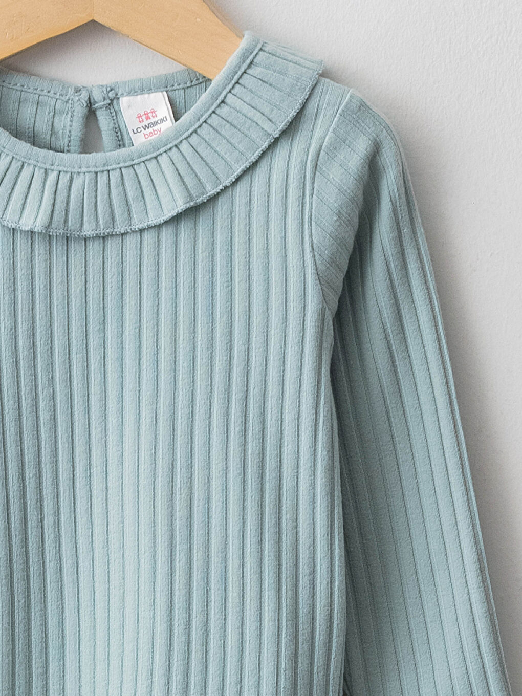 Mavi Bisiklet Yaka Uzun Kol Kendinden Desenli Kız Bebek Tişört-5