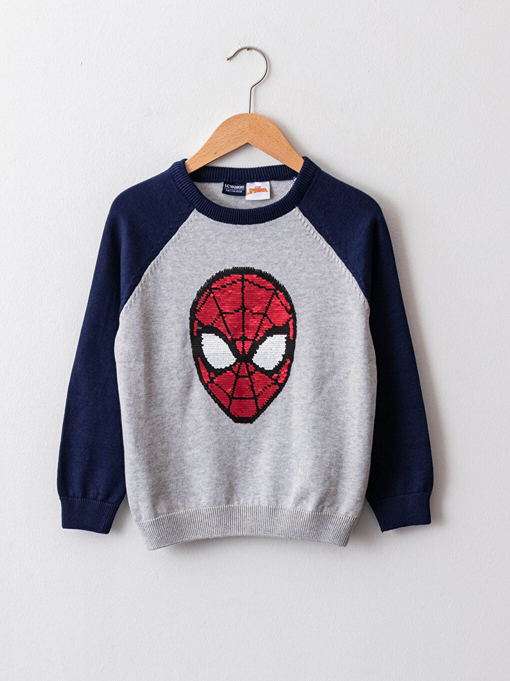 LCW Kids Crew Neck Spiderman Pattern Double-sided Sequined Long Sleeve Boy's Slim Knitwear Sweater -W13555Z4-UJK