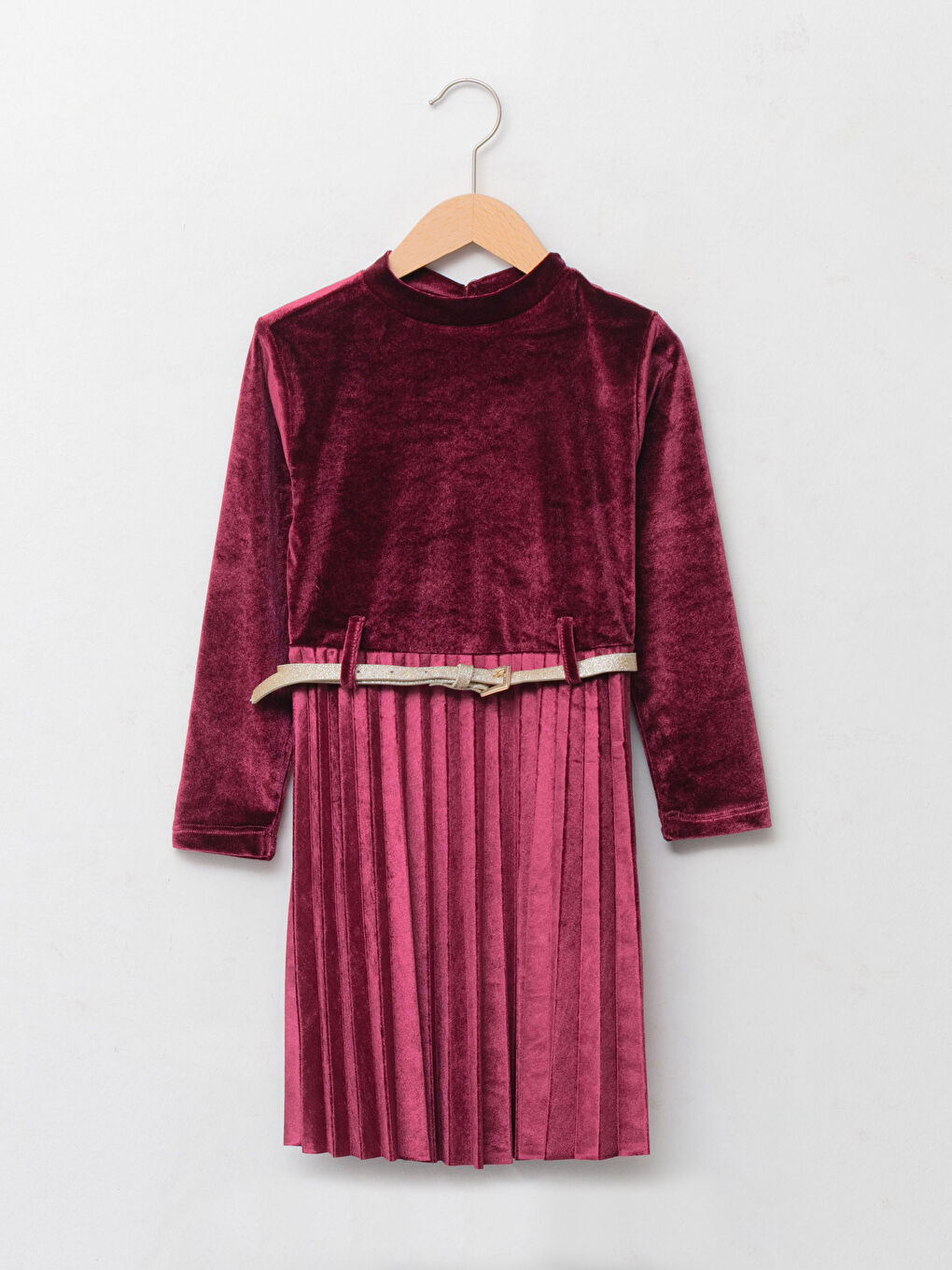 Bordo Dik Yaka Basic Uzun Kollu Kadife Kız Çocuk Pileli Elbise ve Kemer