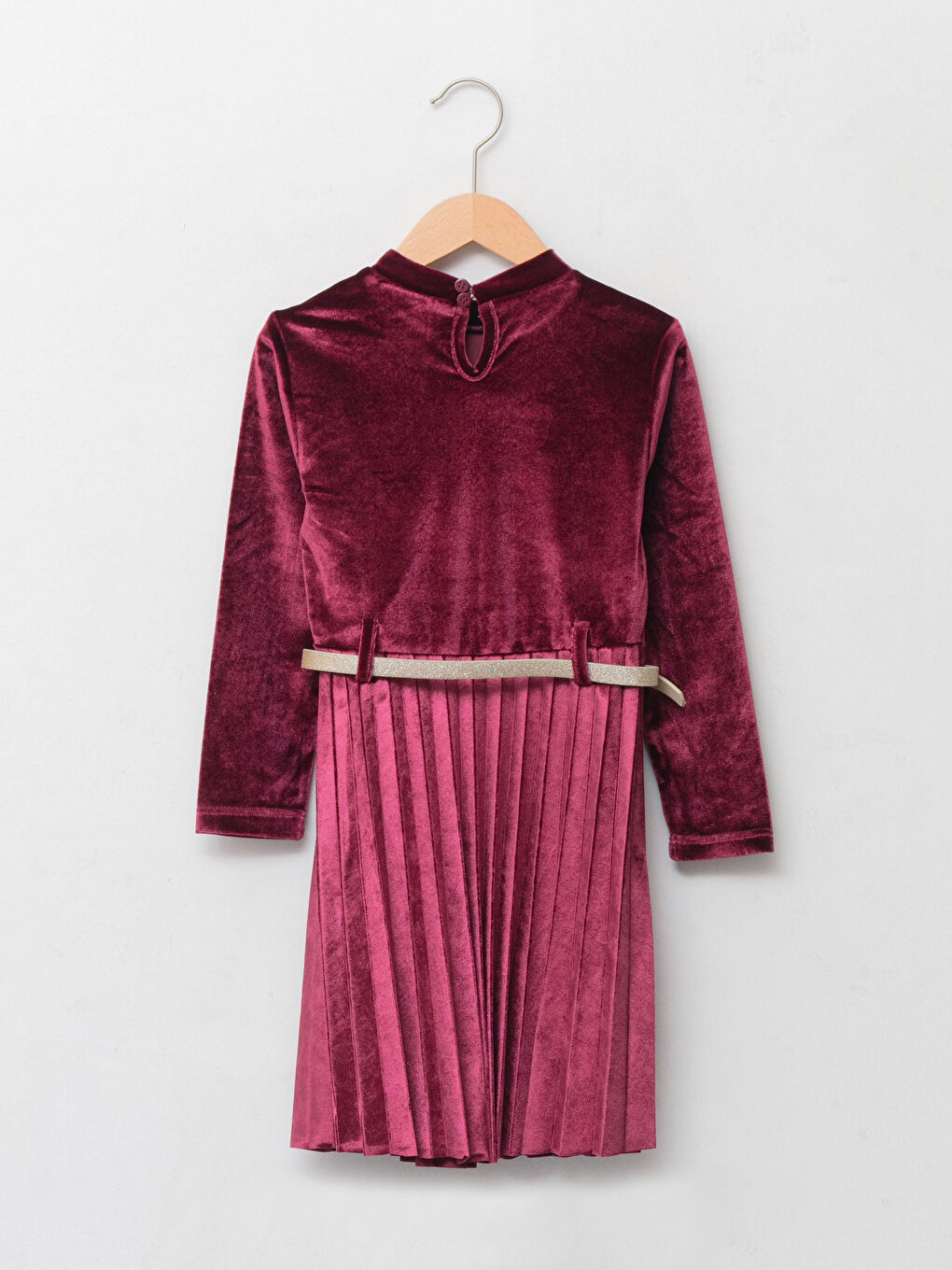 Bordo Dik Yaka Basic Uzun Kollu Kadife Kız Çocuk Pileli Elbise ve Kemer-1