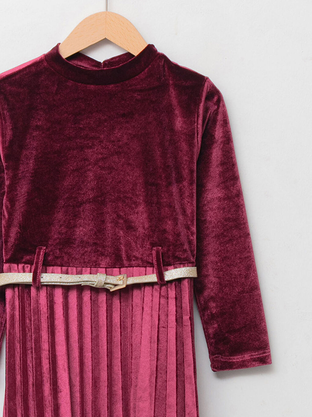 Bordo Dik Yaka Basic Uzun Kollu Kadife Kız Çocuk Pileli Elbise ve Kemer-2