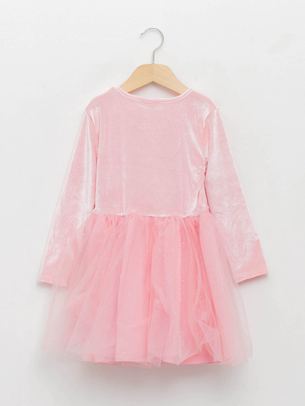 Pembe Bisiklet Yaka Basic Uzun Kollu Kadife Kız Çocuk Elbise-1