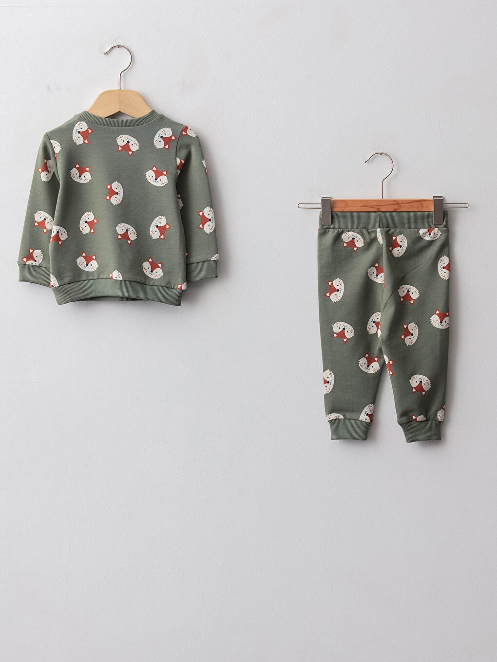 Haki Bisiklet Yaka Uzun Kollu Baskılı Erkek Bebek Sweatshirt ve Pantolon 2'li Takım-1