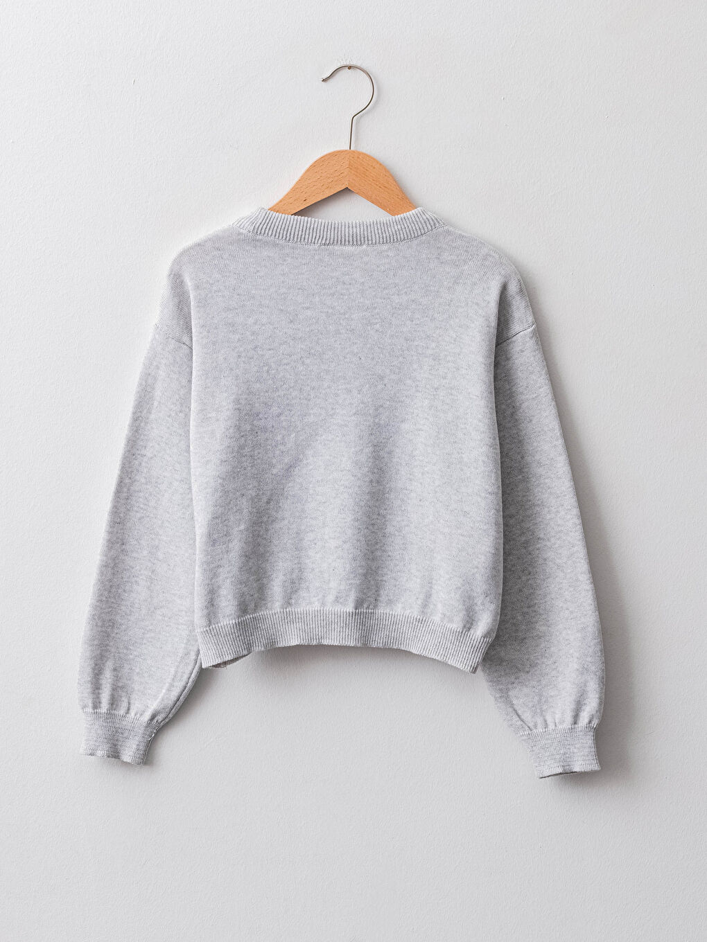 Gri Bisiklet Yaka Desenli Uzun Kollu Kız Çocuk Triko Kazak-1