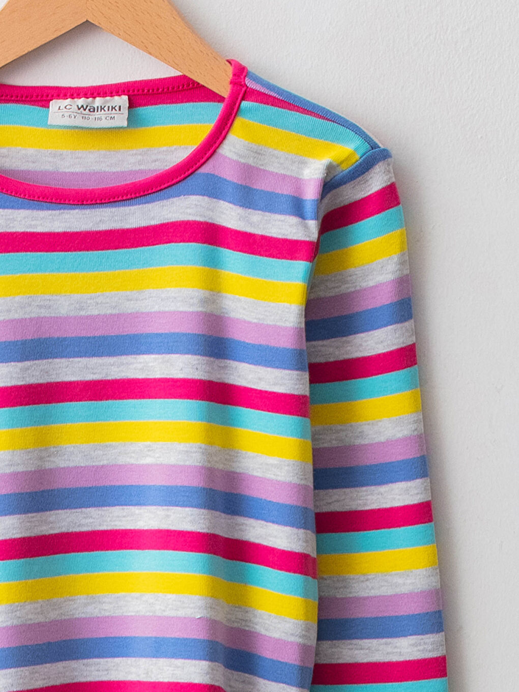 تيشيرت بناتي كم طويل مُخَطَّط برقبة دائرية قطن-2