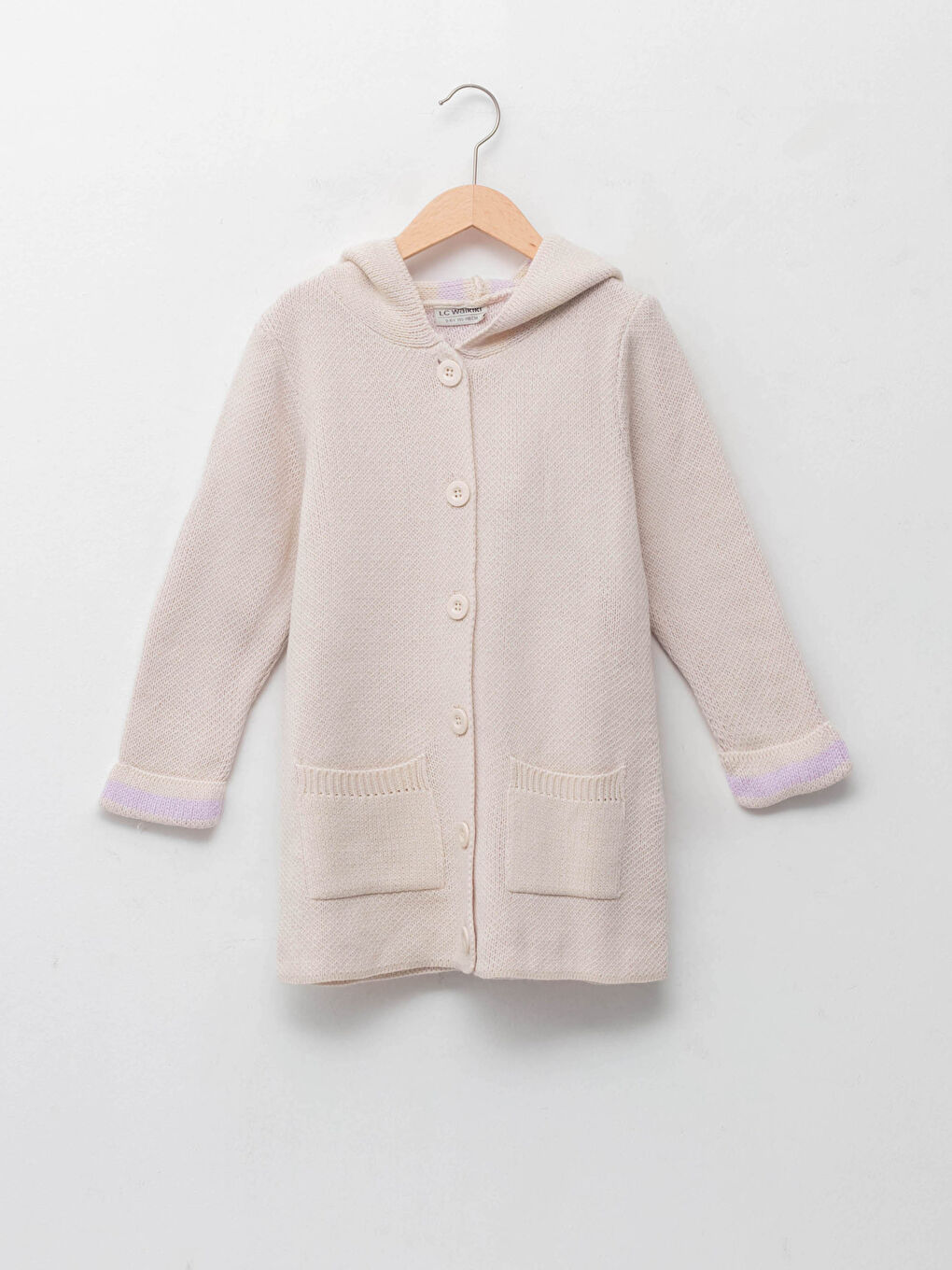 Bej Kapüşonlu Basic Uzun Kollu Kız Çocuk Triko Hırka