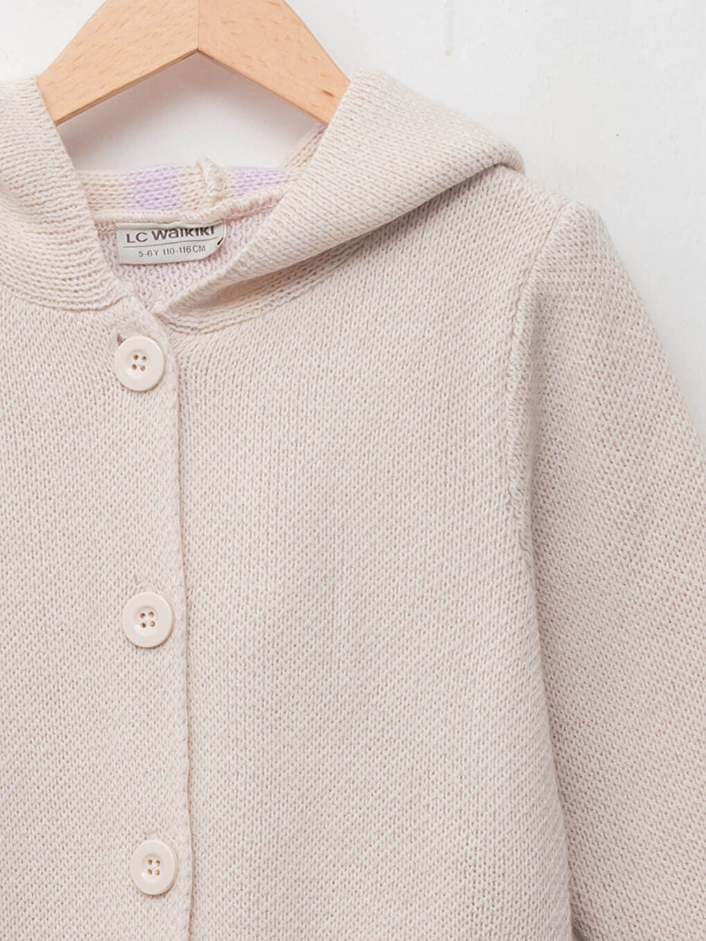 Bej Kapüşonlu Basic Uzun Kollu Kız Çocuk Triko Hırka-2