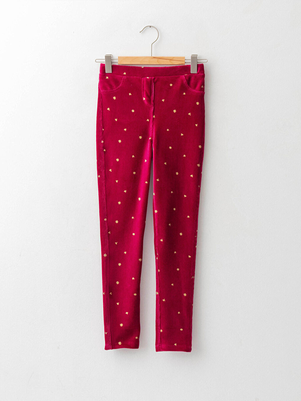 Fuşya Beli Lastikli Desenli Kız Çocuk Kadife Uzun Tayt