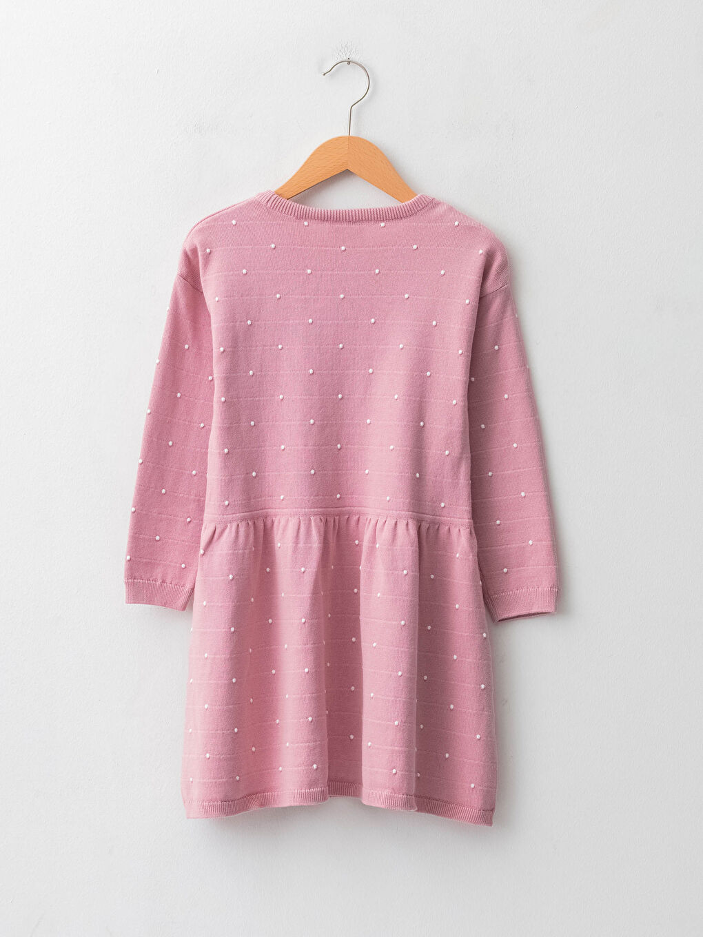 Дөңгелек жағалы горошекпен ұзын жең қыз трикотаж көйлек-1