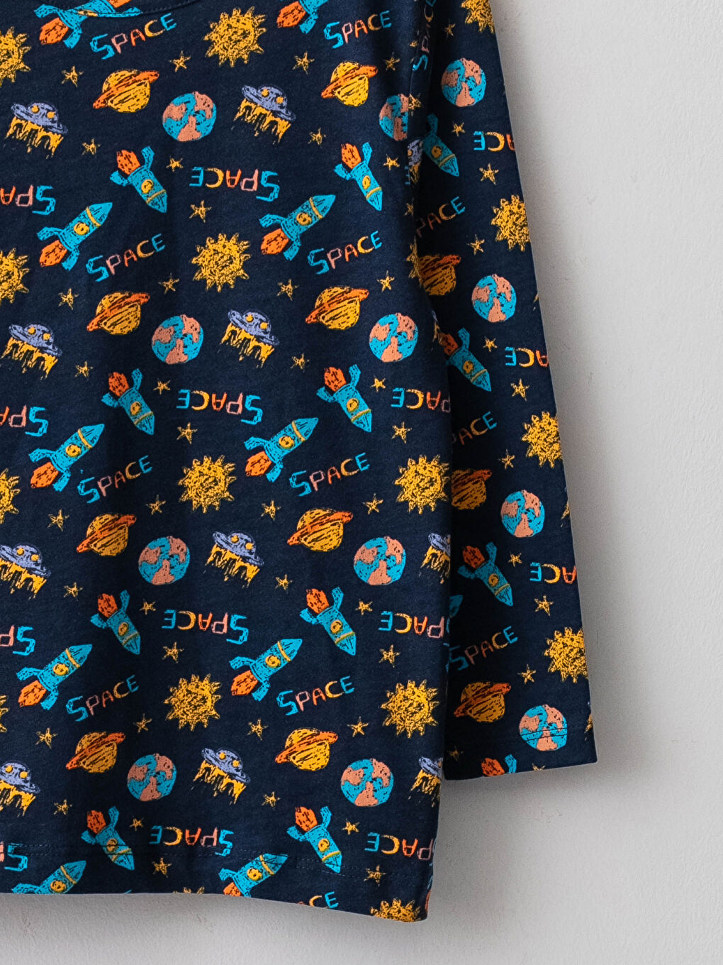 Lacivert Bisiklet Yaka Baskılı Uzun Kollu Erkek Çocuk Pijama Takımı-2