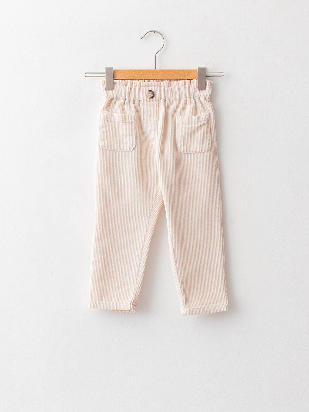 Bej Paperbag Fit Beli Lastikli Basic Kadife Kız Bebek Pantolon