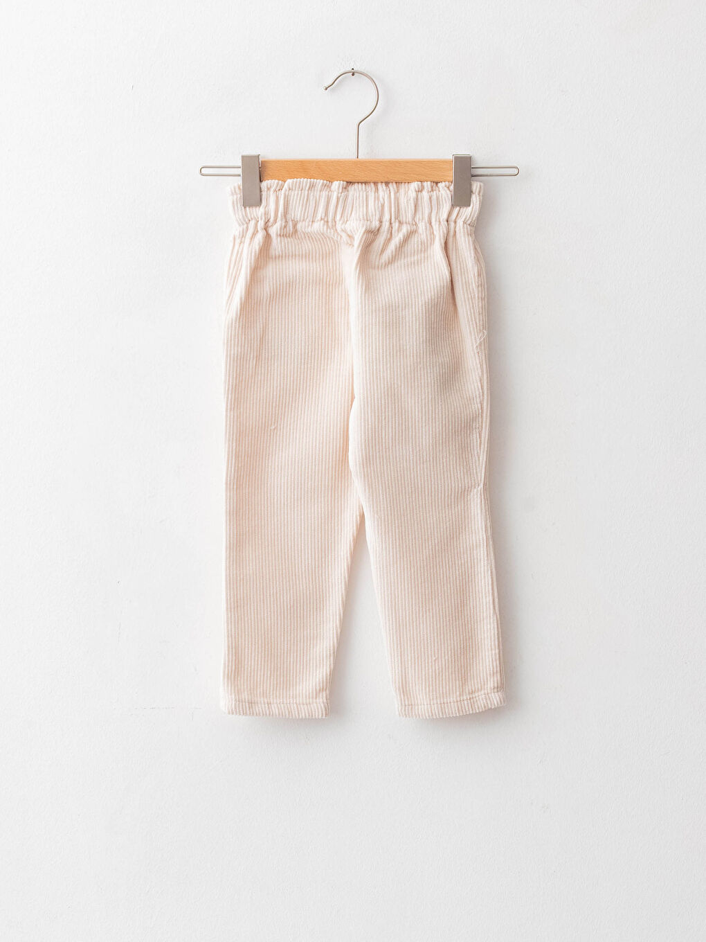 Bej Paperbag Fit Beli Lastikli Basic Kadife Kız Bebek Pantolon-1