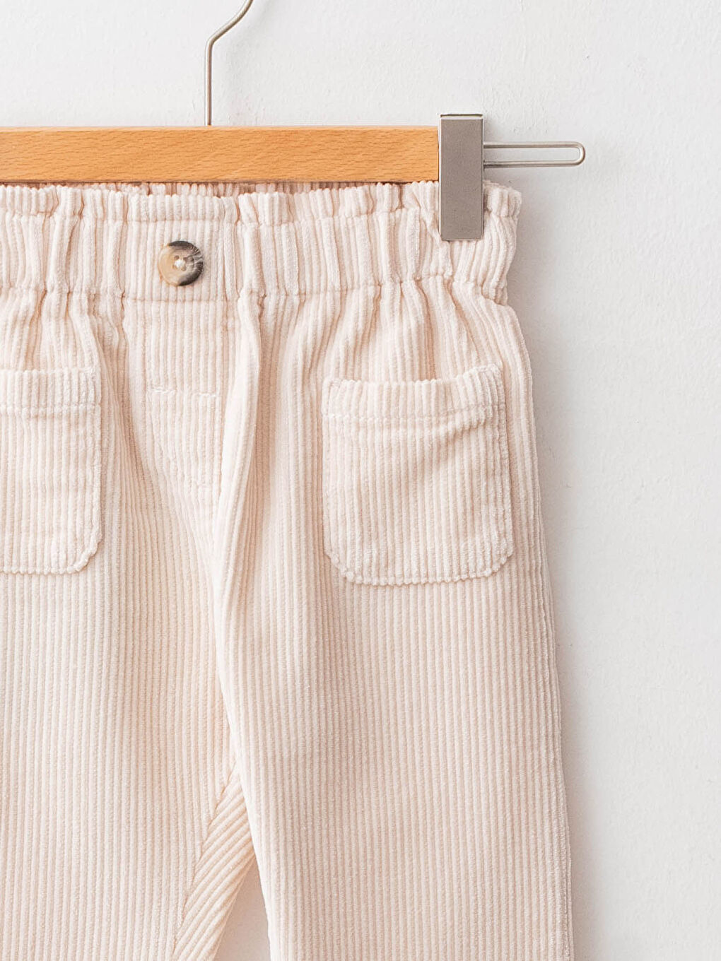 Bej Paperbag Fit Beli Lastikli Basic Kadife Kız Bebek Pantolon-2