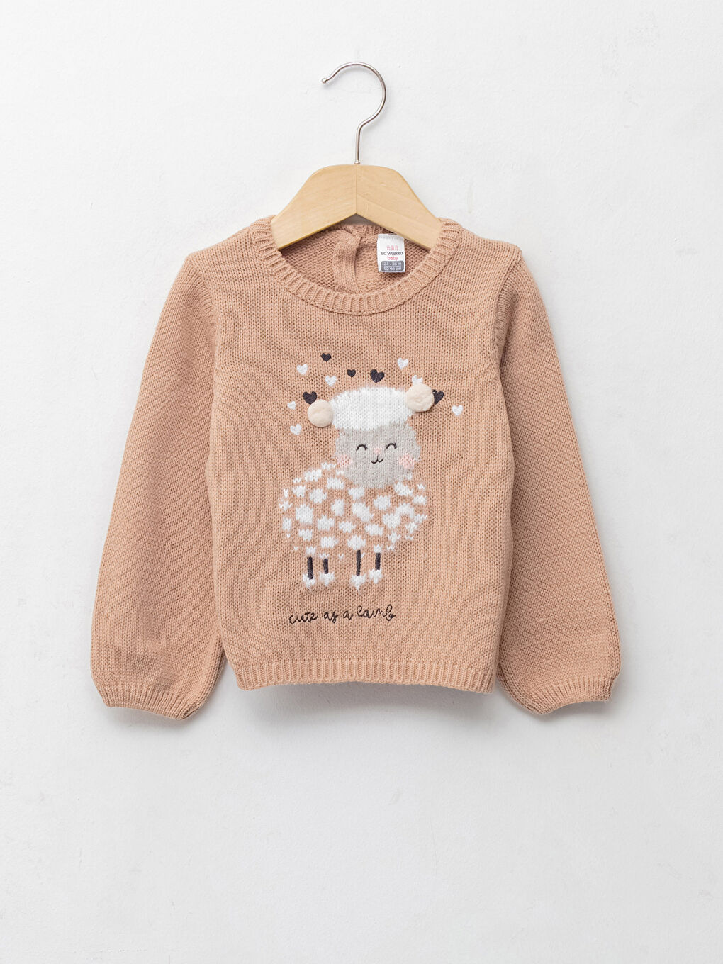 Bej Bisiklet Yaka Uzun Kollu Desenli Kız Bebek Triko Kazak