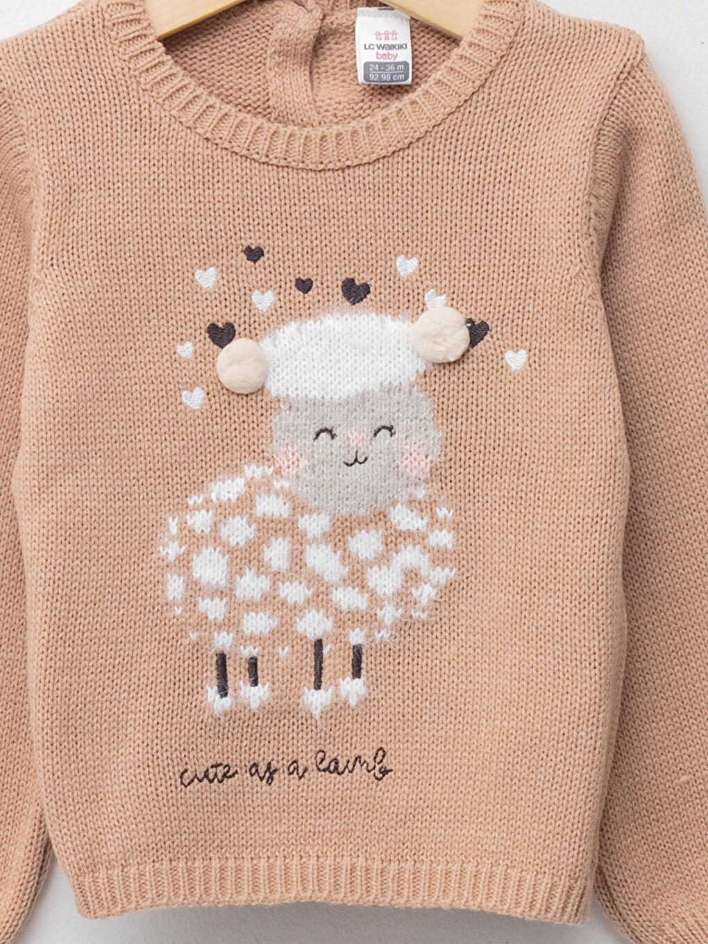 Bej Bisiklet Yaka Uzun Kollu Desenli Kız Bebek Triko Kazak-2