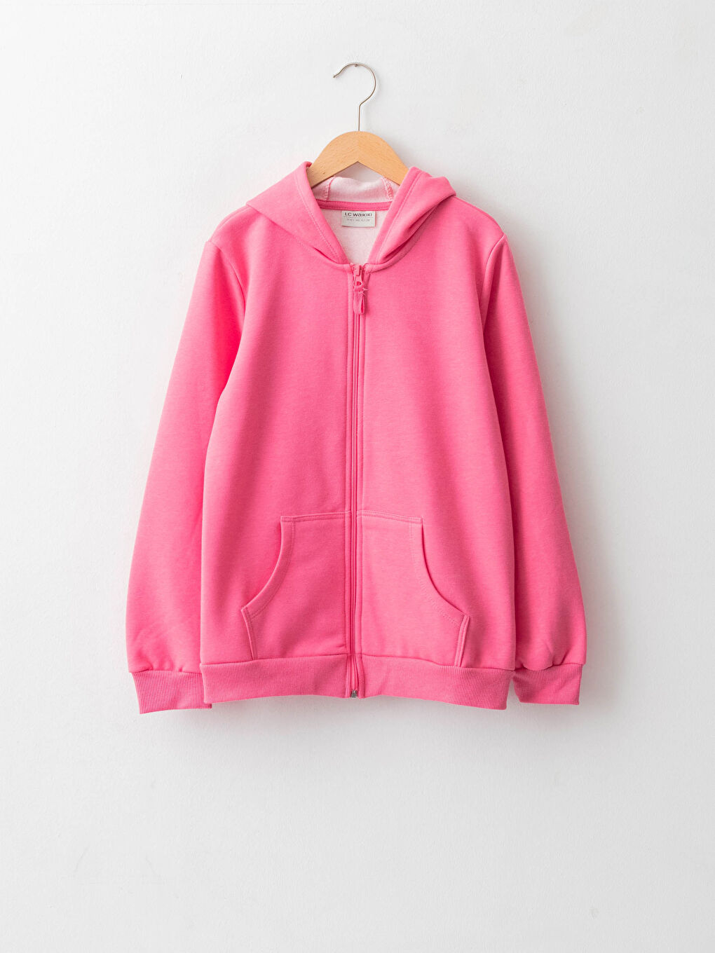 Pembe Kapüşonlu Basic Uzun Kollu Kız Çocuk Fermuarlı Sweatshirt