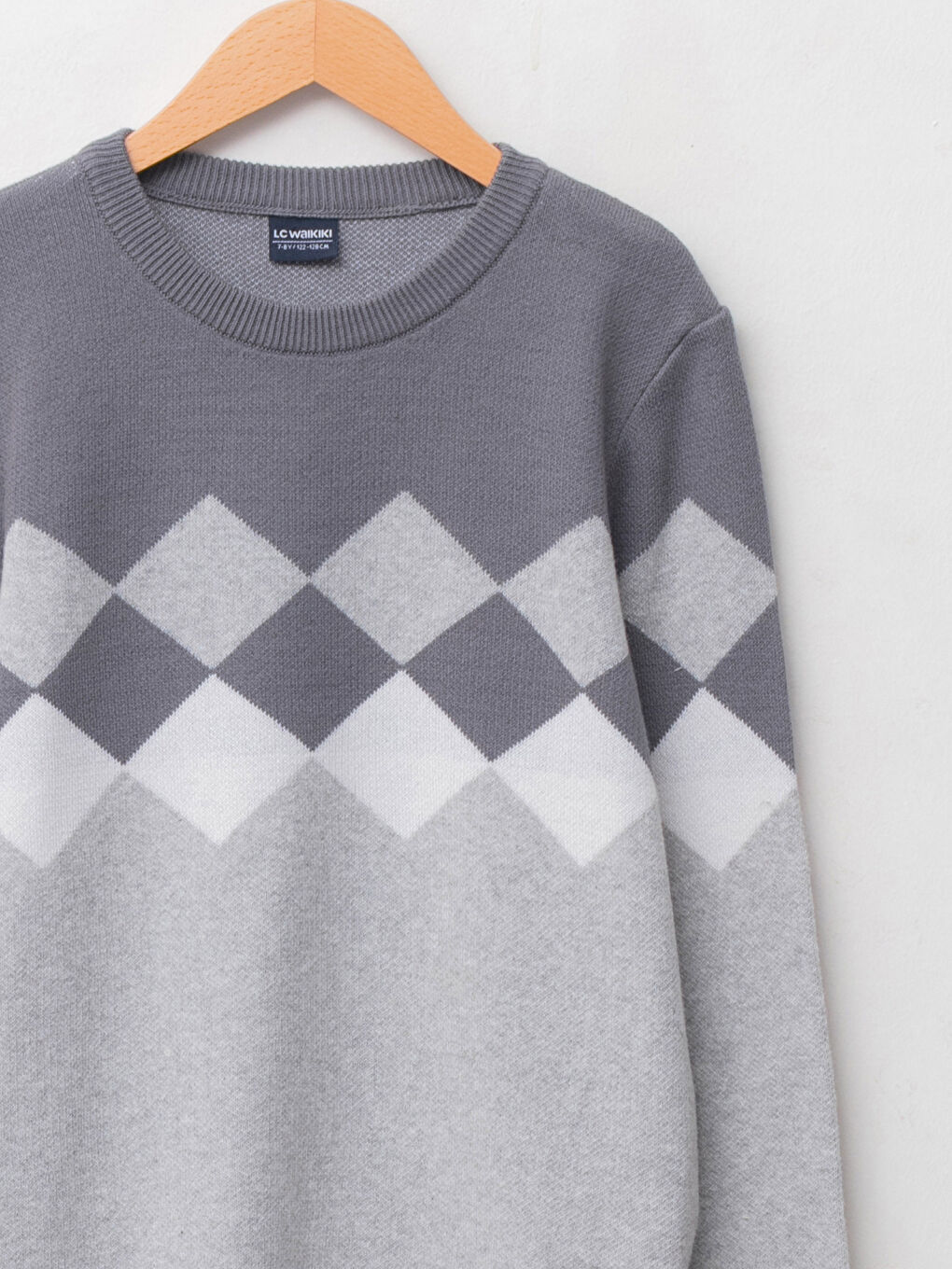 Pull-Over Garçon en Tricot Fin à Col Rond et Motif Losanges à Manches Longues-2