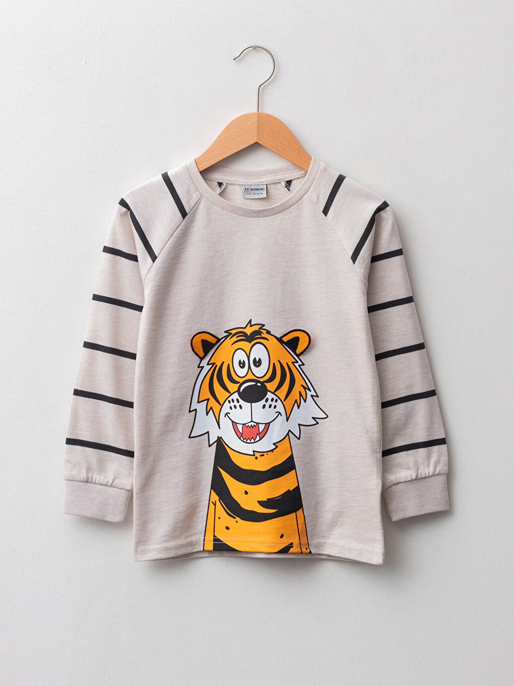 Bej Bisiklet Yaka Baskılı Uzun Kollu Erkek Çocuk Tişört