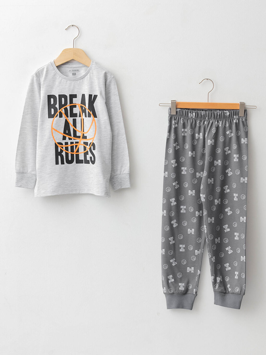 Gri Bisiklet Yaka Baskılı Uzun Kollu Erkek Çocuk Pijama Takımı