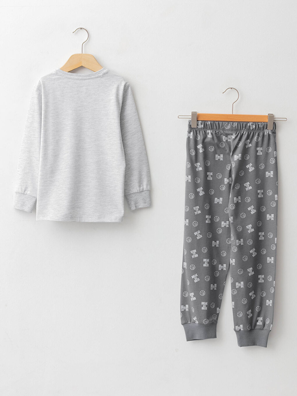 Gri Bisiklet Yaka Baskılı Uzun Kollu Erkek Çocuk Pijama Takımı-1