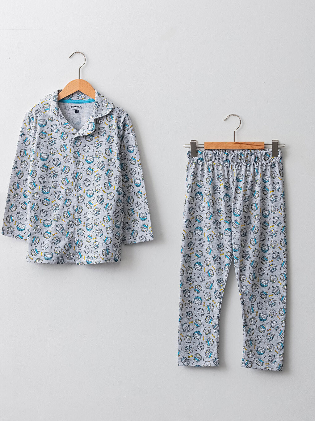 Shirt Collar Patterned Long Sleeve Boys Pyjama Set