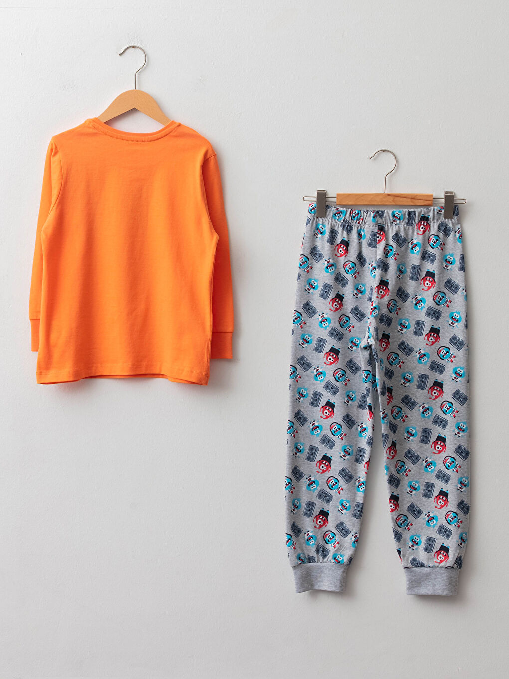 Turuncu Bisiklet Yaka Baskılı Uzun Kollu Erkek Çocuk Pijama Takımı-1