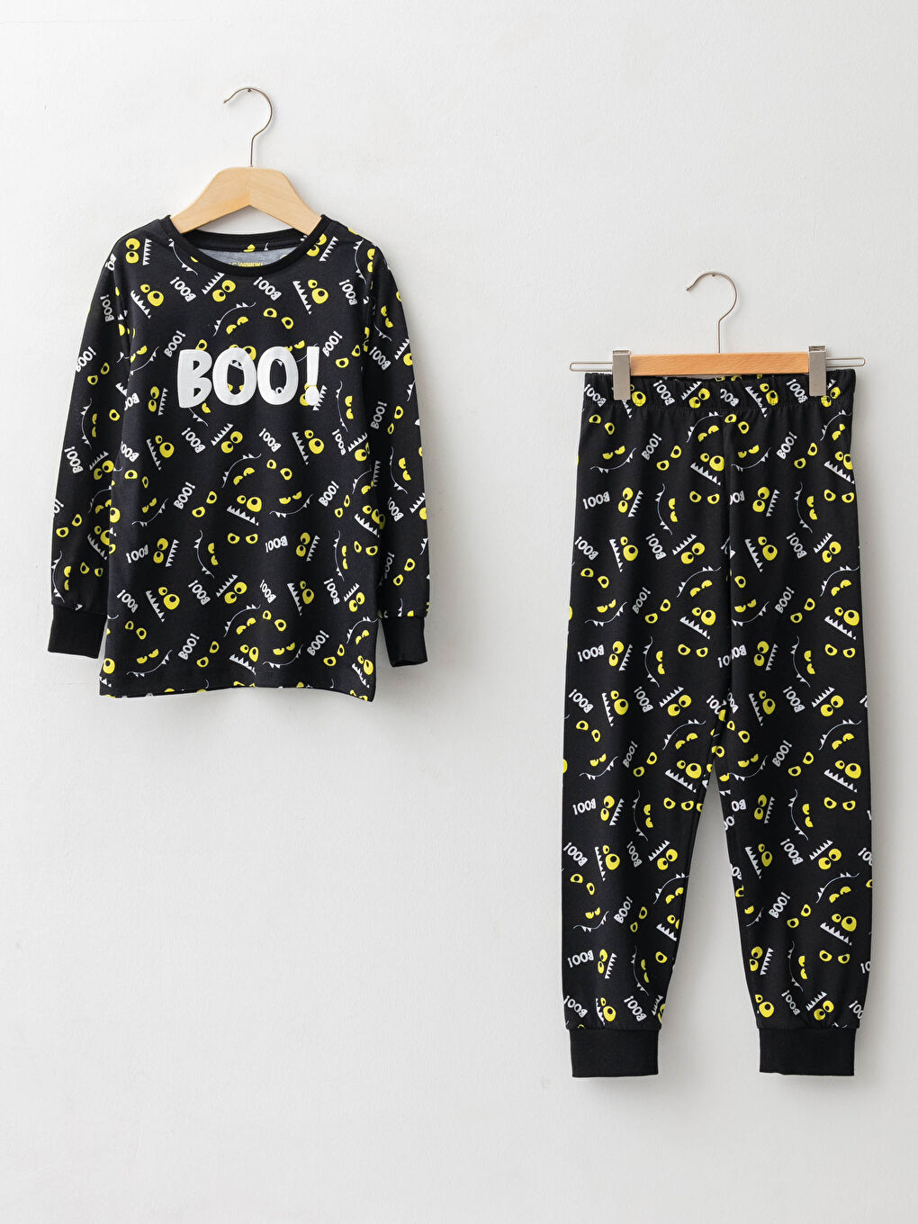 Siyah Bisiklet Yaka Baskılı Uzun Kollu Erkek Çocuk Pijama Takımı