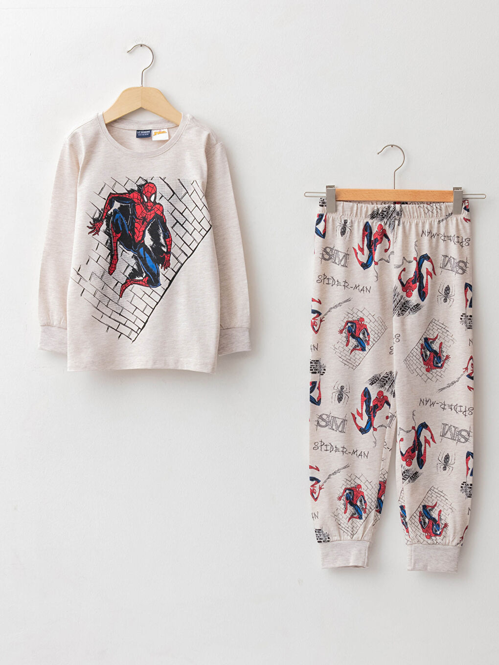 Bej Bisiklet Yaka Spider-Man Baskılı Uzun Kollu Erkek Çocuk Pijama Takımı
