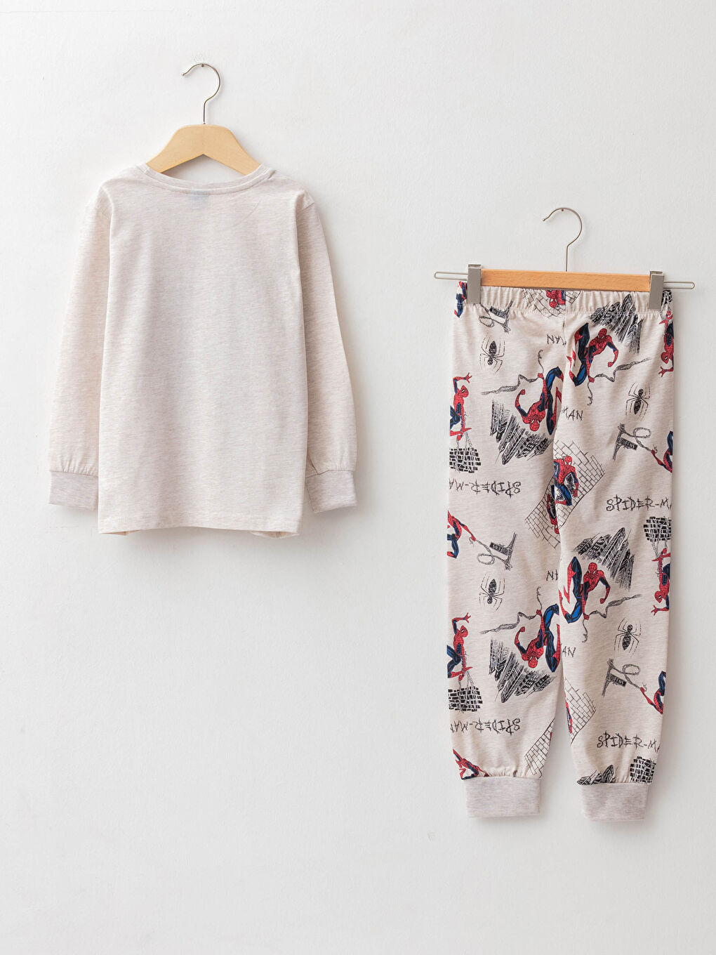 Bej Bisiklet Yaka Spider-Man Baskılı Uzun Kollu Erkek Çocuk Pijama Takımı-1