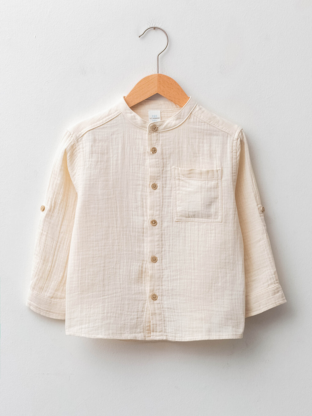 Grandad Collar Long Sleeve Basic Cotton Baby Boy Shirt-1